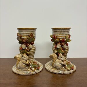 Woodland Squirrel Ceramic Candle Holders - Pair